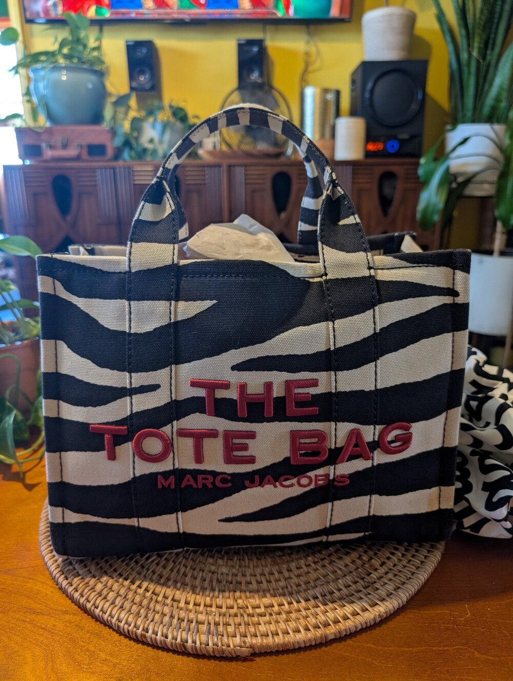 Marc Jacobs Zebra Print The Tote Bag in Black and Cream with Red Logo